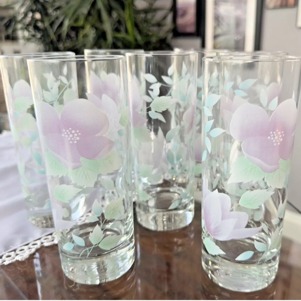 Seven (7) Vintage Arcopal France Florentine Pastel Floral Tumbler Highballs MINT